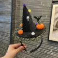 Halloween witch hat headband with skull pumpkin bat black lace costume hair hoop - Black