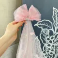 Kids pink tulle bow hair clip with cute crown and long embroidered veil for party stage. - Hair Clip / Peach