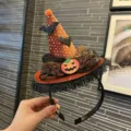 Halloween mini witch hat headband with pumpkin and bat decorations for party costume. - Orange