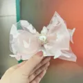 Kids sweet pink mesh bow hair clip with white butterflies and pearl crown for girls - Hair Clip / Hot Pink