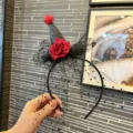 Halloween witch hat headband with red rose and black polka dot mesh for party costume - Black Red Flower Headband