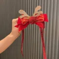 Noël nœud de velours rouge bois de cerf pince à cheveux pour les jolies filles fêtes. - Clip Rouge Style Ruban Bois