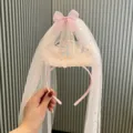 Pink princess birthday party headband with sweet bow and mesh veil variant for children. - Headband / Pink