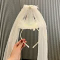 Kids white party headband with mesh veil, bow and sequin hat for festival dress up. - Headband / Off White