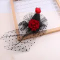 Mini Halloween witch hat hair clip with red rose and dot mesh variant black color accessory - Scarlet