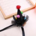 Halloween DIY mini witch hat hair clip accessory with black tulle ribbon and colorful pom poms - Red