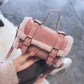 Pink plush suede crossbody bag with top handle and double buckle design for women autumn winter. - Pink