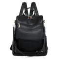 Schwarzer Damen Leder Rucksack, lässiger Multi-Tasche Anti-Diebstahl Tagesrucksack. - Schwarz