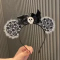 Halloween black lace skull Mickey ear headband party bow hair accessory for kids - Black Skull Round Ears Headband