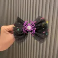 Halloween purple spider bow hair clip with sparkling rhinestones, perfect for party styling. - Black Mesh Bowknot Spider Hair Clip