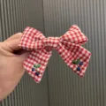 Red and white checkered bow hair clip with cute blue berry embroidery sweet style. - Hair Clip (32) / Red Hair Clip