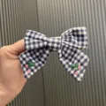 Blue gingham bow hair clip with cute pink cherry embroidery, stylish hair accessory for girls. - Hair Clip (32) / Navy Blue Hair Clip