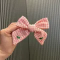 Pink gingham check bow hair clip with cute cherry embroidery sweet sweet hair accessory for girls - Hair Clip (32) / Pink Hair Clip