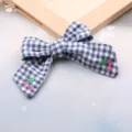 Blue and white gingham hair bow clip with cute embroidered cherry details for girls and kids. - Blue Semi-finished Product