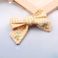 Yellow checkered bow hair clip with embroidered cherry design for sweet girls cute hair accessory. - Gold Semi-finished Product