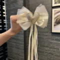 Kids hair clip, white mesh ribbon bow with glitter heart and pearl, sweet girl style. - Bow Streamer Style / Champagne (A1-3)