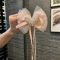 Pink mesh bow hair clip featuring pearl heart, sweet variant for cute girls daily hair styling. - Bow Streamer Style / Pink (A1-3)