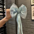 Light blue mesh hair bow clip with sparkling glitter heart and pearl for cute girls style - Bow Streamer Style / Sky Blue (A1-3)