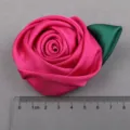 Handmade fabric rose flower brooch accessory in pink and green with a size ruler for crafts. - Bright Rose Red Semi-finished (A2-5)