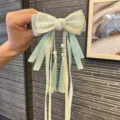 Girls Hanfu hair clip ancient style blue ribbon bow tassel hairpin headwear accessory - Light Green