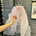 Kids pink crown veil headband, lovely children princess hair hoop with flower pearls. - Flower Wreath Headband / Pink