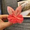 Coral pink cute bunny ear girls hair clip, lace and mesh bow design, sweet kids hair accessory. - Rabbit Ear Flower Hair Clip / Watermelon red