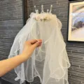 Girls white veil headband with mini crown and artificial rose flowers, perfect for party. - Flower Wreath Headband / Off White