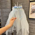Children blue rose flower crown headband with white veil for princess costume party - Flower Wreath Headband / Sky Blue