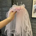 Kids pink princess crown veil headband, adorable flower hair hoop for party and performance dress up - Christmas Wreath Hair Clip / Lotus Pink