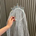 Girls blue mesh crown veil headband with rhinestones and princess character design for kids hair - Hairband (T2-5) / Sky Blue