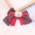 Christmas red and green plaid hair bow clip with white plush ball and gold heart. - Semi-finished (A9-3) / Brick Red