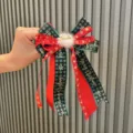Christmas red green plaid bow hair clip with pompom streamer, festive hair accessories for kids. - Pompom Bow Streamer Style (A9-3) / Red