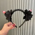 Black Halloween party costume headband with floral and plush devil horn design for kids. - Dark Black U2-3 Headband