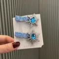 Girls blue glitter snowflake hair clips with crystal rhinestone for kids hair accessories - Pair Clips (T2-5) / 2 Pcs/Set / Azure Blue