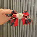 Christmas Red Green Plaid Hair Bow Clip with Fluffy Pom Pom and Glitter Heart Variant - Pompom Heart Bow Style (A9-3) / Scarlet