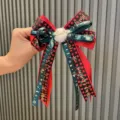 Christmas red green plaid bow hair clip kids holiday festive hair accessories with plush ball - Green
