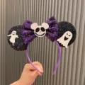 Halloween sequin Mickey ear headband ghost bow hair hoop festive party dress up accessory - Dark Violet Mickey Ear Skull Style