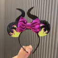 Halloween costume Mickey ears headband with devil horns and purple bow for cosplay party. - Olive Green Mickey Ear Devil Horn Style