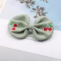 Green fabric bow hair clip with cute embroidered cherry design, stylish duckbill hairpin for kids. - Semi-finished Accessory (F2-6) / Beige and Green