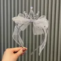 Silber Prinzessin Krone Haarreif für Mädchen, Glitzer Haarreif mit Mesh Schleife - Grau Stirnband Z1-3