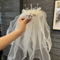 Kids Princess Crown Veil Headband White Flower Hair Hoop Birthday Party Hair Accessory - Christmas Wreath Hair Clip / Apricot
