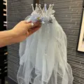 Blue crown veil hair clip with pearls and bow for girls party and performance. - Large Crown Hair Clip / Light Blue