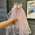Girls pink princess veil crown headband with elegant bow hair accessory for birthday party - Large Crown Headband / Pink