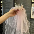 Girls pink princess crown veil headband with pearls and bow for birthday party performance. - Large Crown Hair Clip / Peach