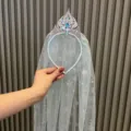 Prinzessin Kronen Haarreif mit glitzerndem Schneeflocken Netz Schleier fuer Kinder Kostuem - Himmelblau Stirnband