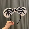Halloween black white striped bow headband with skull and sequin ears for festive cosplay party. - Ivory Jack Skellington Mickey Ear Style