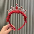 Children red velvet crown headband with rhinestones and pearls festive New Year hair accessory. - Red Red Rhinestone Crown Headband