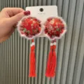 Festliche rote chinesische Haarspangen mit eleganten Quasten und Perlen für das chinesische Neujahr. - Nationaler Stil Quaste Paar Clips (B4-6) / Ziegelrot