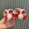 Festliche rote Plüsch-Haarspange mit süßer Schleife und Blumenmuster für süße Mädchen. - Bommel Paar Clips (B4-6) / Rot