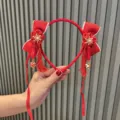 Red New Year children headband with cute bows flowers tassels and bells festive hair accessory for girls - Deep Red Solid Tassel Headband